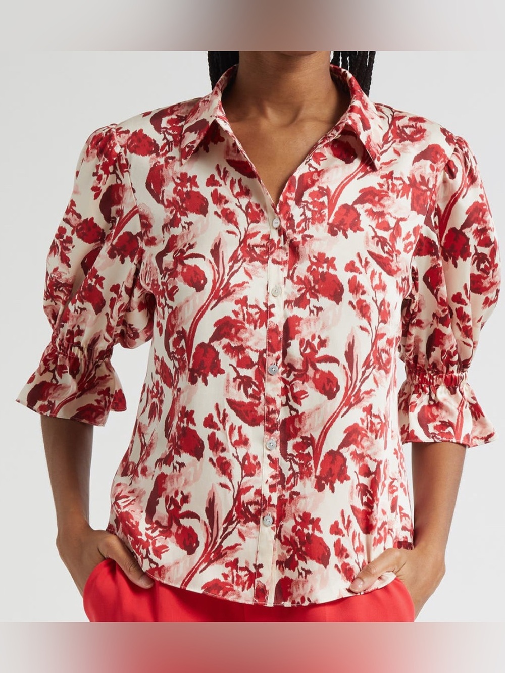 Cinq à Sept Fiona Floral Ribbons Button-Up Shirt Cherry Rose Multi Size XS NWT!